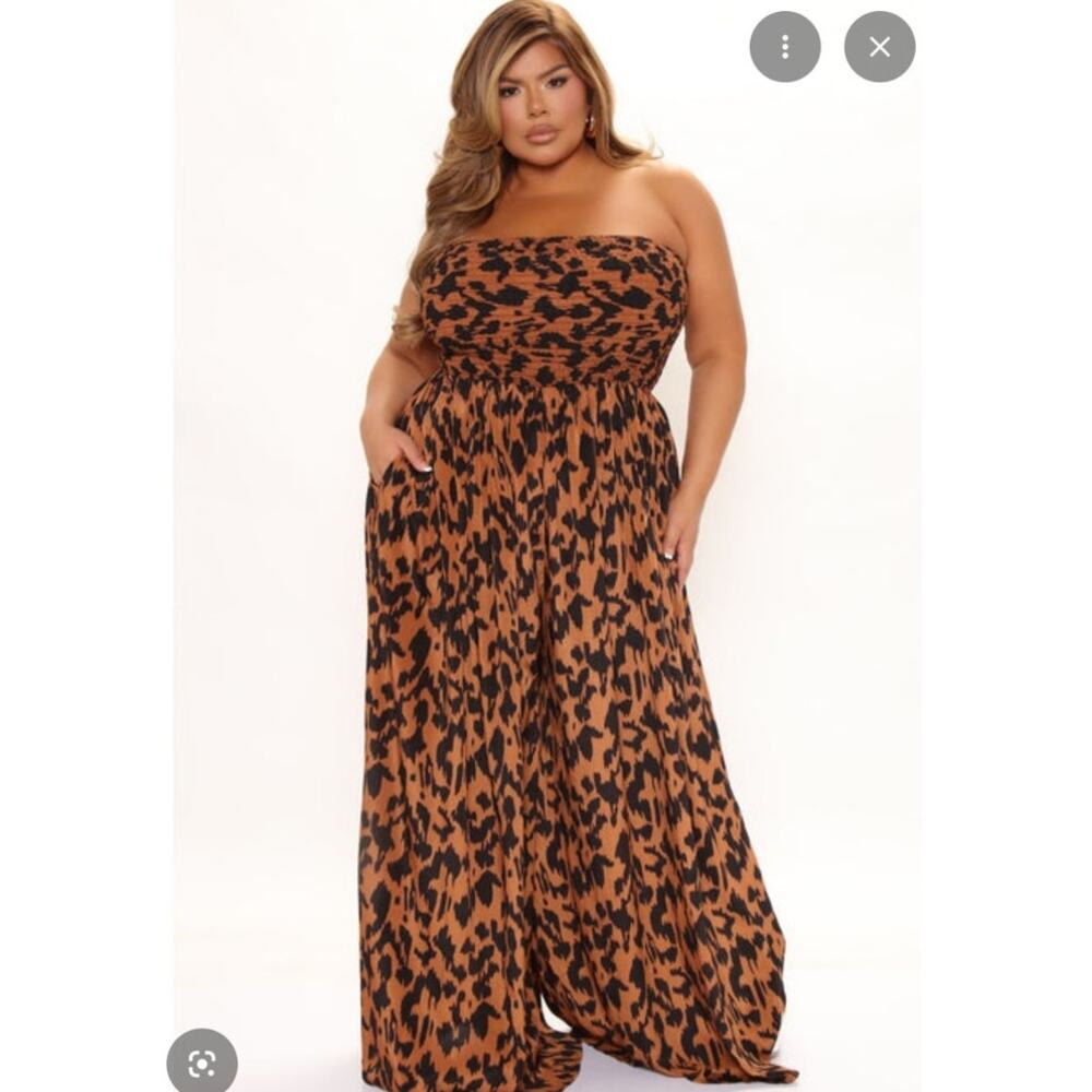 Plus Size Strapless Leopard-Print Wide Leg Jumpsuit - Brown/Black